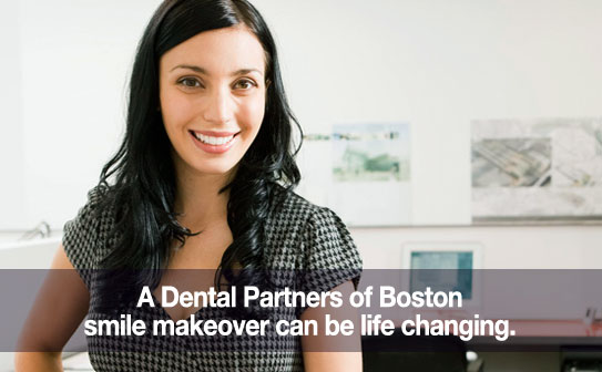Woman smiling. Caption: A Dental Partners of Boston smile makeover can be life changing.