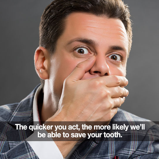 Man with his hand over his mouth. Caption: The quicker you act, the more likely we can save your tooth
