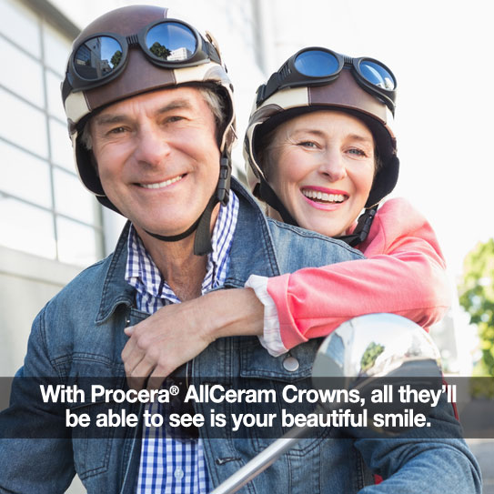 Senior couple riding a motorcyle. Caption: With Procera AllCeram Crowns, all will see your beautiful smile