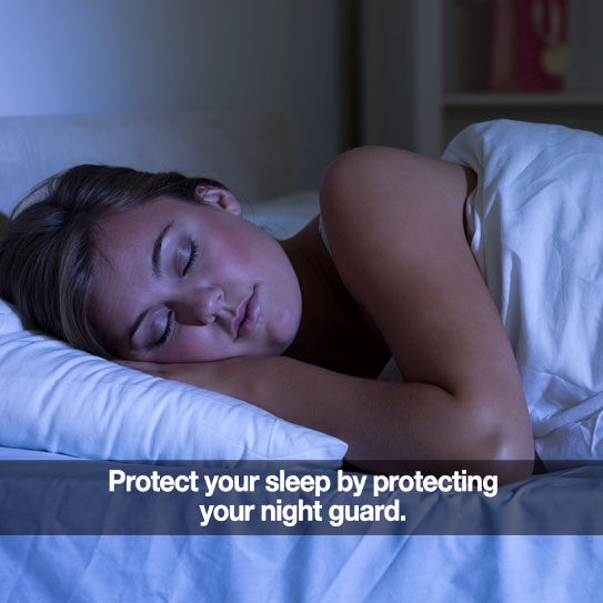 Woman sleeping. Caption: Protect your sleep by protecting your night guard