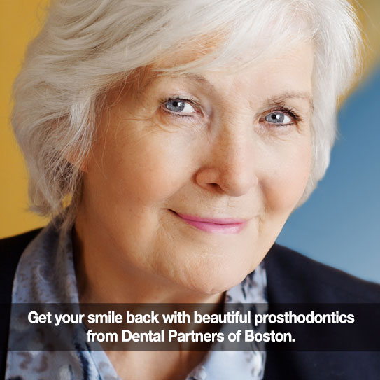 Elderly woman smiling. Caption: Get your smile back with beautiful prosthetics