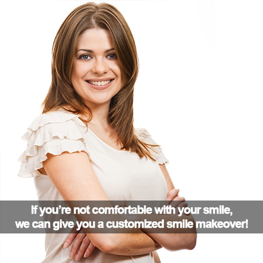 Woman smiling. Caption: If you're not comfortable with your smile, get a smile makeover