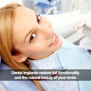 Woman in dental chair. Caption: Dental Implants restore full functionality