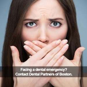 Woman covering her mouth. Caption: Facing a dental emergency? Contact Dental Partners of Boston