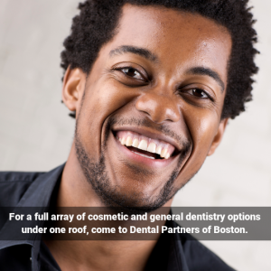 Man smiling. Caption: Come to DPB for cosmetic and general dentistry