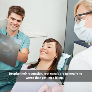 Woman in dental chair. Caption: Despite their reputation, root canals are generally no worse than getting a filling.