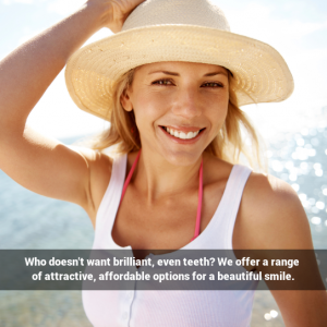 Woman wearing sun hat smiling by water. Caption: Who doesn't want brilliant, even teeth?