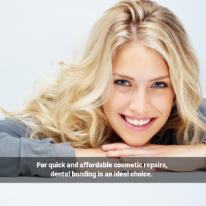 Woman smiling. Caption: For quick and affordable cosmetic repairs, dental bonding is the ideal choice.