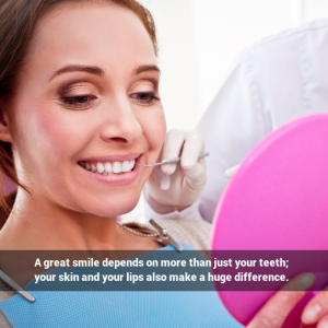 Woman smiling in mirror. Caption: a great smile depends on more than just your teeth