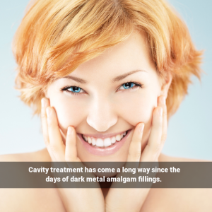 Woman smiling. Caption: Cavity treatment has come a long way...