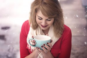 woman drinking green tea outside