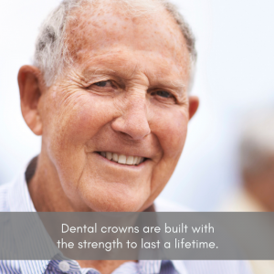 Senior man smiling with natural looking dental crowns.