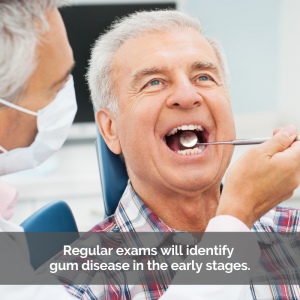 Elderly man gets a dental exam to check for gum disease.