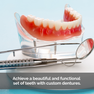 Dentures with dental tools. Caption: Achieve a beautiful and functional set of teeth with custom dentures.