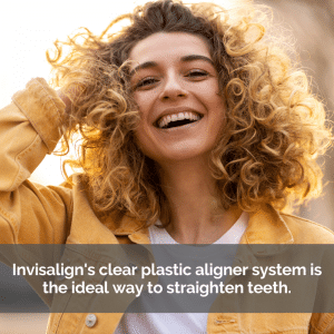 Invisalign aligners: Young woman smiling with straight teeth