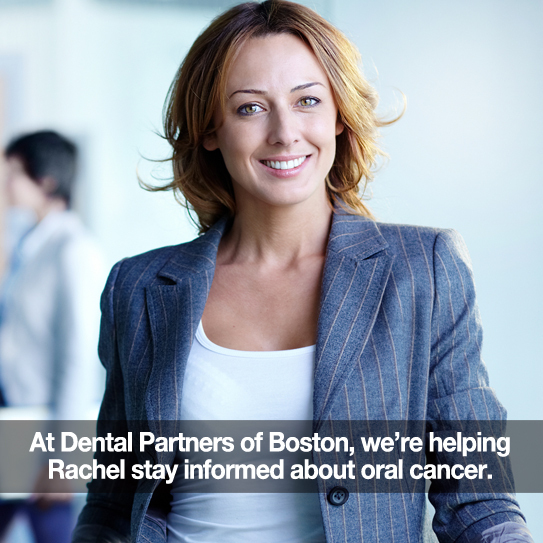 Business woman. Caption: At DPB we're helping you stay informed about oral cancer.