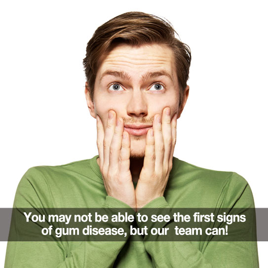 Man holding his cheeks. Caption: Our team can see the first signs of gum disease