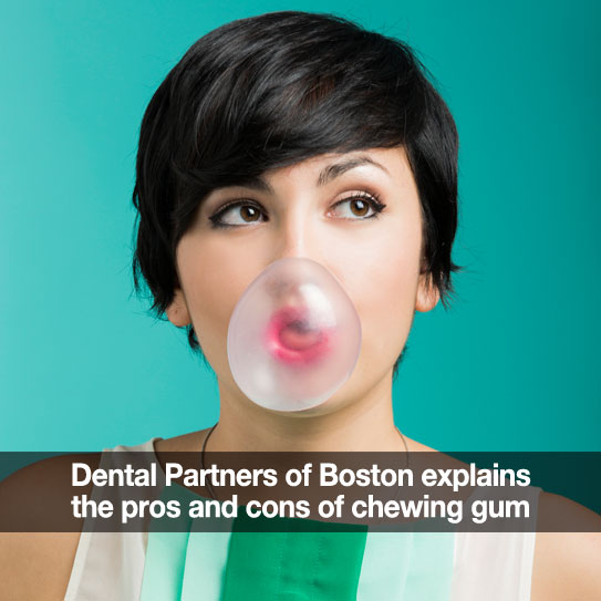 Woman blowing a bubble with gum. Caption: The pros and cons of chewing gum