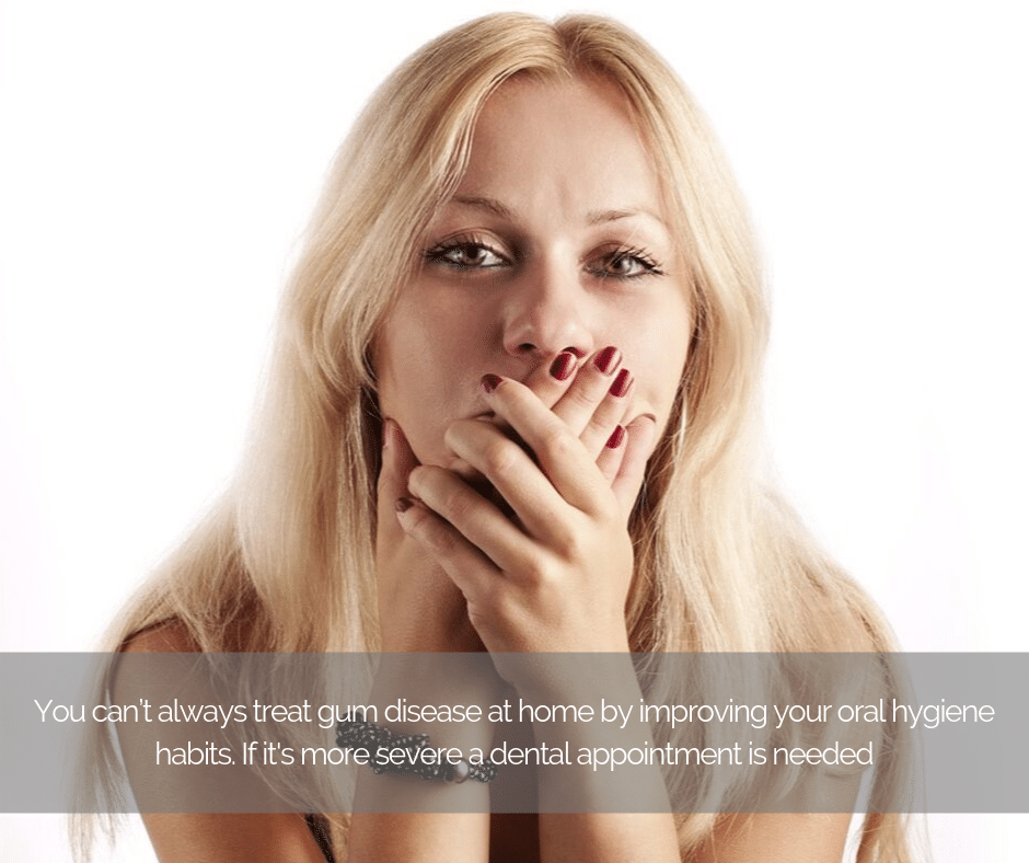 Blond middle aged woman covering her mouth. Caption talks about gum disease.
