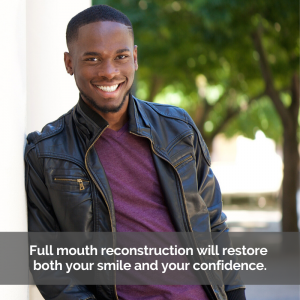 A man smiles after full mouth reconstruction.