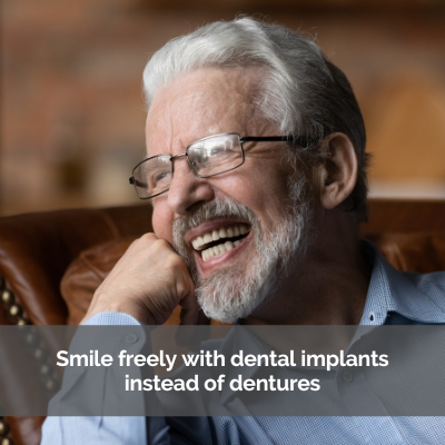 Senior mal smiling big. Caption: Smile freely with dental implants instead of dentures.