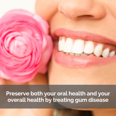Close up of a woman's smile next to a pink rose with a caption about gum disease.