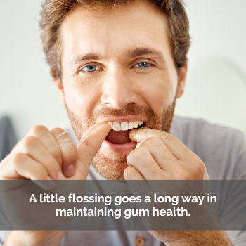 Man flossing. Caption: A little flossing goes a long way in maintaining gum health.