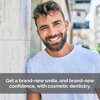 Man smiling outside. Caption: Get a brand-new smile. and brand-new confidence with cosmetic dentistry.