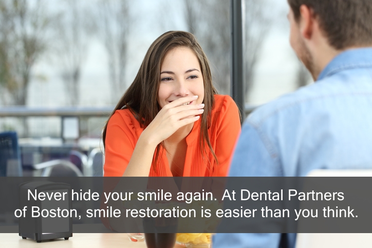 Woman on a date covers her smile. Caption: Never cover your smile again. Smile restoration is easier than you think.