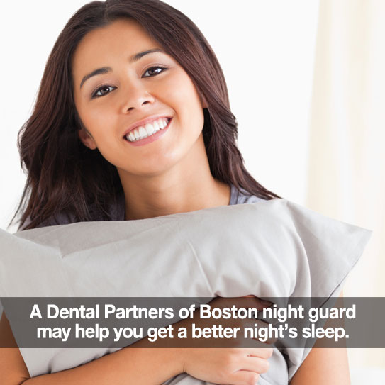 Woman holding a pillow. Caption: DPB night guards help you get better sleep